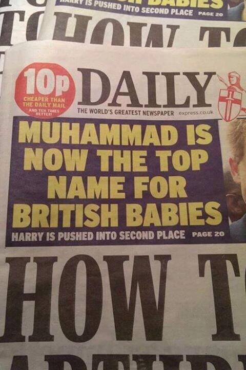 Portada del periódico Daily Mail: "Muhammad el nombre más popular para los bebés británico"