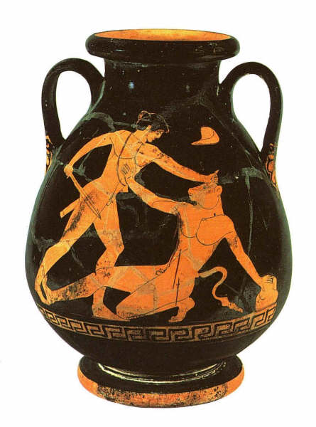 Representación de Teseo dadndo muerte al minoatauro en un vasija griega
